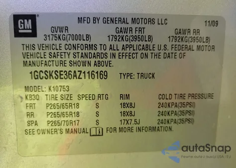 2010 Chevrolet Silverado 1500 Lt из США, поврежденный, VIN 1GCSKSE36AZ116169